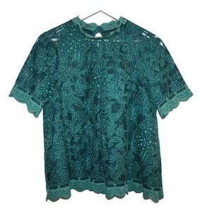 HD in Paris Blouse Womens 10 Green Anthro Meadows Lace Overlay Romantic Ethereal